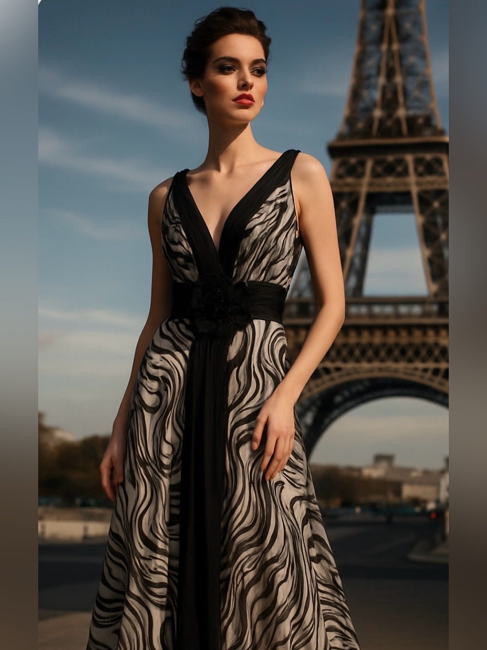 Sarafia Couture Zebra Print V-Neck Dress with Flower Detail
